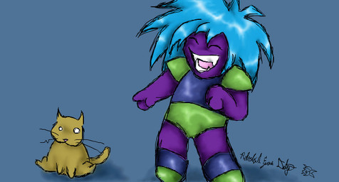 3_fingers ambiguous_feral ambiguous_gender bangs bent_arm blue_background blue_clothing blue_leg_warmers blue_legwear blue_shirt blue_tank_top blue_topwear bottomwear brown_body brown_fur brown_tail clothed clothed_humanoid clothing duo empty_eyes eyes_closed fangs featureless_legs feral fingers footwear fully_clothed fully_clothed_humanoid fur gesture green_bottomwear green_clothing green_footwear green_shoulder_pads hair hand_gesture larger_humanoid larger_male laughing_at laughing_at_another leg_warmers legwear light long_hair male male_humanoid no_eyebrows noseless open_mouth open_smile pink_nose pointing pointing_at_another purple_body purple_skin quadruped shirt shoulder_pads simple_background sitting size_difference smaller_ambiguous smaller_feral smile standing straight_legs tail tank_top teeth topwear whiskers juno-gemini kappa_mikey gonard_(kappa_mikey) domestic_cat felid feline felis humanoid mammal 2007 colored digital_drawing_(artwork) digital_media_(artwork) english_description iscribble_(artwork) lighting signature