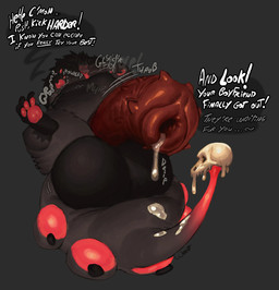 after_vore ambiguous_gender ambiguous_prey anthro balls belly big_balls big_belly big_penis black_body black_fur bodily_fluids bone calling_for_help cock_vore cum death dialogue digestion dishonesty fur genital_fluids genitals group half-erect huge_balls huge_penis imminent_death male muffled_screaming onomatopoeia oral_vore overweight penile penis prehensile_tail red_eyes skull sound_effects tail text thick_tail tongue tongue_out vore weeth demon english_text hi_res