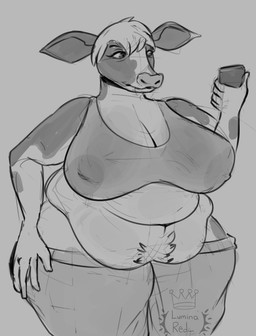 anthro areola areola_visible_through_clothing belly big_belly big_breasts body_hair bottomwear breasts cleavage clothed clothing crop_top electronics female hair happy_trail huge_breasts looking_at_object looking_at_phone low-riding nipple_outline obese overweight overweight_female pants phone pubes shirt short_hair solo sweatpants thick_thighs topwear translucent wide_hips luminared elizabeth_(luminared) bovid bovine cattle mammal absurd_res hi_res monochrome sketch