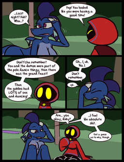 anthro big_breasts black_body black_penis blue_body blue_clothing blue_hood blue_robe blue_scales bottomless breasts cape claws clothed clothing dialogue duo ellipsis female finger_claws flaccid genitals grass hair hand_on_head hungover male mouthless nipples no_pupils nude outside penis pink_nipples plant profanity purple_eyes purple_hair red_cape red_clothing red_hood red_robe robe scales sitting speech_bubble tail text white_claws yellow_eyes ultilix european_mythology mythology leo_the_magician ruby_(ultilix) dragon humanoid mythological_creature mythological_scalie scalie shadow_creature western_dragon 2026 comic english_text hi_res