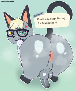 anthro backsack balls bent_over blonde_hair bottomless bottomless_anthro bottomless_male butt clothed clothing eyewear fur genitals glasses grey_body grey_fur hair heterochromia male presenting shortstack shortstack_male solo topwear topwear_only vest axolaugh animal_crossing nintendo raymond_(animal_crossing) domestic_cat felid feline felis mammal hi_res