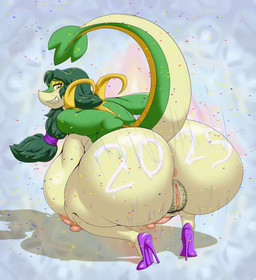 anthro anus big_breasts big_butt bodily_fluids body_writing breasts butt celebration clothing confetti crouching female footwear genitals green_body green_hair hair high_heels huge_breasts huge_butt hyper hyper_breasts looking_back motion_lines nipples pokemorph pubes raised_tail shoes solo sweat tail vulva writing_on_butt yellow_eyes deadpliss mewpan nintendo pokemon natalie_(deadpliss) generation_5_pokemon pokemon_(species) snivy 2025 absurd_res hi_res