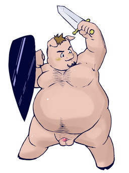 anthro balls belly genitals humanoid_hands male melee_weapon micropenis navel overweight overweight_male penis shield simple_background small_penis solo sword weapon white_background fatyogi domestic_pig mammal suid suine sus_(pig) 2012