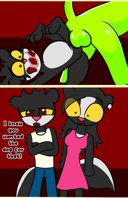 abdominal_bulge balls belly bodily_fluids cum cum_inside daddy_kink dialogue female feral genital_fluids genitals knot knotted_penis male oral penile penis sex vaginal young conditional_dnp theyiff canid canine canis domestic_dog mammal mephitid skunk comic hi_res letterbox