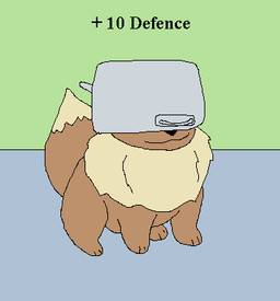 ambiguous_gender armor cooking_pot feral headgear headgear_only helmet helmet_only pot_on_head shitpost solo stats richard_roe nintendo pokemon eevee generation_1_pokemon pokemon_(species) low_res meme