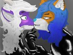 4:3 anthro aroused blue_hair blue_nose blush canid canine canis clothing confusion cuffs_(clothing) dragon duo ear_piercing facial_piercing female female/female fur furgonomics furred_dragon furred_scalie furry-specific_piercing green_eyes grey_background grey_eyes hair handwear horn koziu koziu_(artist) latex latex_clothing latex_collar latex_handwear mammal muzzle_piercing mythological_creature mythological_scalie mythology nose_piercing orange_body orange_fur piercing purple_body purple_fur red_wolf scalie sehvimnek simple_background smile teeth_showing wall_press white_body white_fur white_hair wolf