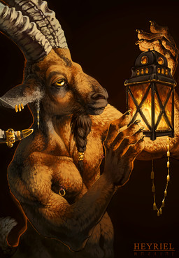anthro black_background braided_hair brown_body brown_fur curved_horn fur hair horn lamp lantern male nipples nude piercing ridged_horn simple_background solo heyriel bovid caprine goat mammal