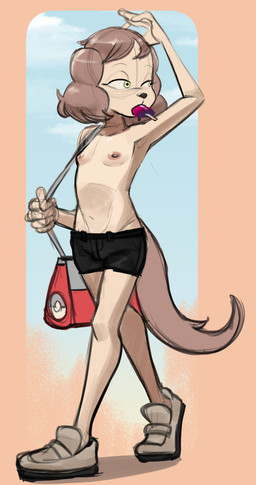 anthro bottomwear brown_hair clothed clothing eyelashes female food footwear green_eyes hair handbag looking_back nipples popsicle raised_arm shadow shoes shorts solo topless young young_anthro young_female sin-sational courtney_sin canid canine canis domestic_dog mammal poodle 2024 absurd_res digital_drawing_(artwork) digital_media_(artwork) hi_res