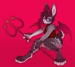 4_toes 5_fingers anthro bottomwear clothed clothing crouching feet female fingers fishnet_clothing fishnet_legwear hair horn legwear long_hair melee_weapon polearm shirt shorts simple_background solo tank_top toes topwear trident weapon wings samaella lagomorph leporid mammal rabbit 2022 hi_res