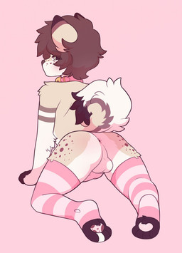 all_fours animal_genitalia animal_penis anthro anus backsack balls blush brown_hair brown_markings butt clothed clothing collar crossdressing curled_tail erection femboy freckled_face freckled_legs freckled_thighs freckles fur genitals hair half-closed_eyes knot knotted_penis legwear looking_back male markings narrowed_eyes pattern_clothing pattern_legwear pattern_stockings penis pink_background pink_collar pink_penis presenting presenting_anus presenting_balls presenting_hindquarters rear_view short_hair simple_background solo stockings striped_clothing striped_legwear striped_stockings stripes tail tan_body tan_fur shiones canid canine canis domestic_dog mammal 2020 colored digital_drawing_(artwork) digital_media_(artwork) hi_res