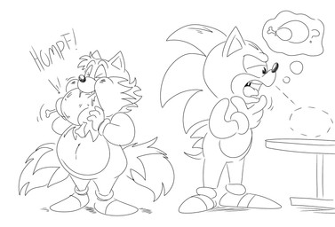 2_tails anthro big_nose blush blush_lines bodily_fluids clothing duo eating fangs food footwear furniture male meat multi_tail onomatopoeia overweight overweight_anthro overweight_male question question_mark quills_(anatomy) saliva shoes sound_effects table tail teeth text thought_bubble turkey_meat weight_gain floofyboyetime sega sonic_the_hedgehog_(series) miles_prower sonic_the_hedgehog canid canine eulipotyphlan fox hedgehog mammal hi_res monochrome sketch sketch_page
