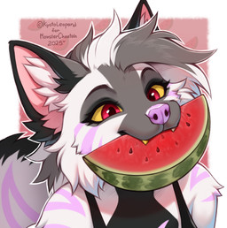 anthro cheek_tuft clothed clothed_anthro clothed_female clothing copyright_symbol eyebrows eyelashes facial_tuft female female_anthro food food_in_mouth front_view fruit fur grey_hair hair inner_ear_fluff iris markings melon object_in_mouth philtrum plant pupils purple_nose purple_stripes red_eyes simple_background smile snout solo striped_body striped_fur striped_markings striped_tail stripes symbol tail tail_markings teeth text topwear tuft watermelon watermelon_slice white_body white_fur white_hair white_tail yellow_sclera yellow_teeth kyotoleopard yeenna_(monstercheetah) hyena mammal 2025 artist_name dated digital_media_(artwork) hi_res