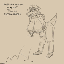 angry anthro big_breasts breasts button_(fastener) button_pop clothing cross-popping_vein dialogue female hanging_breasts police police_hat police_officer police_uniform solo text uniform wardrobe_malfunction panzerschreckleopard canid canine canis domestic_dog german_shepherd herding_dog mammal pastoral_dog 1:1 2026 absurd_res english_text hi_res monochrome