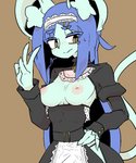 4_fingers anthro areola big_breasts blue_body blue_fur blue_hair blush breastless_clothing breasts brown_background brown_eyes clothed clothing ear_tuft exposed_breasts eye_through_hair female fingers fur gesture hair hand_gesture hand_on_hip kemono long_hair looking_at_viewer maid_uniform nipples simple_background smile solo standing translucent translucent_hair tuft uniform v_sign yellow_eyes amboyna annabelle_(amboyna) felid feline mammal 2019 5:6 hi_res