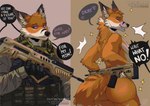 anthro assault_rifle big_butt brown_background bubble_butt bullpup_rifle butt butt_focus clothed clothed/nude clothing countershading dialogue ear_piercing ear_ring eyebrows femboy fur gloves gun handwear heart_symbol holding_gun holding_object holding_ranged_weapon holding_weapon humor long_sleeves male male_anthro military military_uniform muscular muscular_anthro muscular_femboy muscular_male narrowed_eyes nude offscreen_character piercing purple_sclera purple_text ranged_weapon rifle ring_piercing seductive shirt simple_background smile soldier solo sparkles standing tavor-21_rifle tavor_tar-21 teeth text thick_thighs topwear trigger_discipline tuft uniform vest warrior weapon jeanwoof canid canine fox mammal 2024 english_text meme url