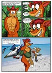 aircraft anthro beach black_nose clothed clothing covering covering_crotch dialogue duo forest fur jungle male male/male nude orange_body orange_fur plant text tree vehicle ciel-wolf activision crash_bandicoot_(series) nintendo star_fox crash_bandicoot fox_mccloud bandicoot canid canine fox mammal marsupial comic english_text