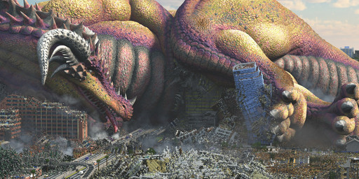 building city_destruction claws destruction feral giga horn lying macro multicolored_body on_side pupils scales sharp_teeth side_view slit_pupils solo tail teeth thick_thighs wide_hips yellow_eyes roman_95 microsoft minecraft mojang mythology xbox_game_studios sintharia dragon mythological_creature mythological_scalie scalie hi_res female_(lore)