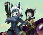 anthro big_breasts black_body black_hair black_scales blue_body blue_hair blue_highlights blue_scales blue_stripes bodysuit breasts clothing countershading curvy_figure duo eyewear facial_piercing female fin fingers fur furgonomics furry-specific_piercing glasses gloves grey_body grey_fur gun hair hand_on_hip handwear highlights_(coloring) huge_breasts jacket male multicolored_hair muzzle_piercing nose_piercing piercing ponytail profanity ranged_weapon scales sharp_teeth simple_background simple_eyes skinsuit smile standing striped_body striped_scales stripes sunglasses teal_eyes teeth text thick_thighs tight_clothing tongue topwear voluptuous weapon whiskers white_body white_hair white_scales sandwich-anomaly no_man's_sky nika_sharkeh van_(sandwich-anomaly) domestic_cat felid feline felis fish mammal marine shark 2018 digital_media_(artwork) english_text hi_res