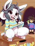 2020 3_toes 4_ears 4_fingers 5_fingers absurd_res ahoge anthro anthro_focus band-aid bandage big_pupils blurred_background blush bottomless bottomwear breasts circle_eyebrows clothed clothing clothing_lift duo eyebrows eyelashes eyes_closed feet female female_focus fingers footwear frisk_(undertale) fully_clothed genitals grey_hair hair hi_res holding_object human inside iris mammal medium_breasts mirrorreach missing_tooth multi_ear open_mouth open_smile presenting presenting_pussy pupils pussy shirt shirt_lift shoes short_hair shorts signature sitting smile solo_focus standing teeth tem temmie_(undertale) toes tongue tooth_gap topwear undertale undertale_(series) white_body