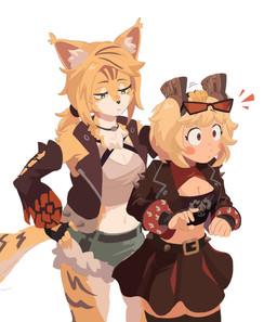 accessory anthro blonde_hair blush blush_stickers bottomwear breasts cleavage cleavage_cutout clothed clothing collar crop_top cutout duo ear_tuft eyewear eyewear_on_head female female/female fingerless_gloves fur fur_tuft gloves green_eyes hair hair_accessory hand_on_hip handwear headpat inner_ear_fluff jacket leather leather_clothing leather_jacket leather_topwear midriff navel neck_tuft petting pigtails red_eyes shirt shorts simple_background size_difference skirt sunglasses sunglasses_on_head tail topwear tube_top tuft twintails_(hairstyle) wearing_sunglasses white_body yellow_body yellow_fur mangedugruau mihoyo zenless_zone_zero burnice_white pulchra_fellini felid feline human mammal thiren 2025 absurd_res comic digital_media_(artwork) hi_res