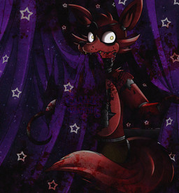 anthro blood bodily_fluids curtains dark eye_patch eyewear fangs hook machine solo teeth yellow_eyes bubblehermit five_nights_at_freddy's scottgames foxy_(fnaf) animatronic canid canine fox mammal robot watermark