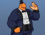 anthro belly blue_clothing bow_ribbon clothing formal_clothing formal_wear gem hat headgear headwear male muscular muscular_male solo dynogreeno runxforest nintendo pokemon generation_3_pokemon pokemon_(species) reptile scalie torkoal hi_res