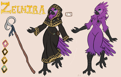 anthro beak black_beak black_nips blue_eyes breasts clothed clothing feather_hair feathers female genitals head_crest nipples non-mammal_breasts non-mammal_nipples nude nude_female pseudo_hair purple_body purple_feathers robe slim solo staff tail tail_feathers talon_hands vulva hungrycrow paizo pathfinder zelmira_(whispwhim) avian bird parrot hi_res model_sheet