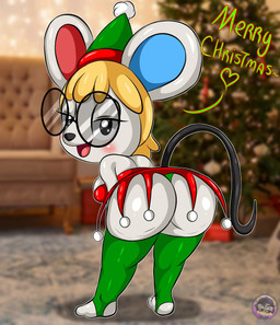 anthro big_butt black_eyes blonde_hair bottomwear breasts butt christmas_clothing clothing eyewear female fur glasses hair holidays legwear merry_christmas mouse_ears mouse_tail open_mouth panties size_difference skirt smaller_anthro smaller_female solo stirrup_legwear stirrup_stockings stockings tongue underwear white_body white_fur sirjzau animal_crossing christmas nintendo petri_(animal_crossing) mammal mouse murid murine rodent absurd_res hi_res