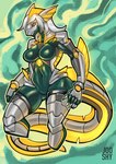 anthro black_body black_sclera breasts cybernetics featureless_breasts featureless_crotch female fin hair long_tail looking_at_viewer machine markings medium_breasts multicolored_body navel sharp_teeth solo standing tail teeth two_tone_body white_body white_hair yellow_eyes yellow_markings jooshy digos cyborg fish marine shark 2020 hi_res