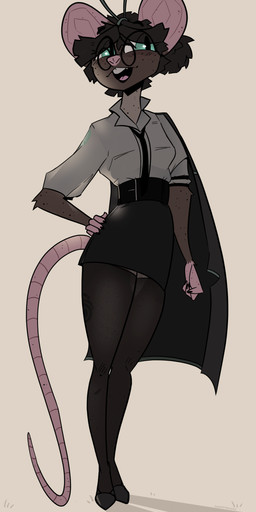 accessory anthro black_nails brown_body clothed clothing collared_shirt colored_nails dress_shirt eyewear female freckles fur glasses green_eyes hair hair_accessory hairband legwear nails necktie office_clothing shirt simple_background smile solo tail tights topwear tuft nannynonads mammal mouse murid murine rodent 2026 absurd_res digital_media_(artwork) hi_res signature