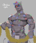 abs biceps biped blue_body blue_eyes christmas_lights cord_tail featureless_chest glowing glowing_body green_body grey_background grey_body heterochromia holding_object holidays looking_at_viewer male male_humanoid mitten_hands mohawk multicolored_body muscular muscular_humanoid muscular_male noseless not_furry nude nude_humanoid nude_male open_mouth pecs red_body red_eyes simple_background socket solo standing tail text tinsel white_text kogito christmas animate_inanimate humanoid wire_creature 2024 absurd_res english_text hi_res