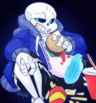 blue_penis bone burger erection food genitals glowing glowing_genitalia glowing_penis humanoid_genitalia humanoid_penis male not_furry penis simple_background skeleton slightly_chubby solo nerfocalypse undertale undertale_(series) sans_(undertale) animated_skeleton humanoid undead