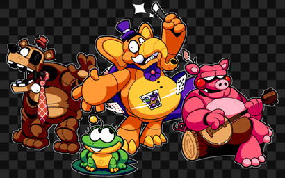 2_toes 3_toes 4_fingers accessory antennae_(anatomy) anthro arms_bent banjo_(instrument) belly bent_legs big_belly black_background black_eyebrows black_eyes black_nose bottomwear brown_body brown_bottomwear brown_clothing brown_shorts brown_tail buckteeth button_(fastener) cape card checkered checkered_background cheek_spots chubby_cheeks closed_smile clothed clothed_anthro clothed_male clothing conjoined_eyes crossed_legs curled_tail dangling_eyeball eyebrows eyelashes featureless_crotch feet female female_feral feral feralized fingers flower green_body group happy hat headgear headwear holding_banjo holding_object holding_wand hunched_over larger_anthro larger_male left-handed lily_pad log looking_at_another looking_at_viewer looking_back looking_back_at_another looking_up machine magic magic_user magician male male_anthro motion_lines mouth_closed multicolored_body musical_instrument necktie nude nude_female open_mouth open_smile orange_body outline overweight overweight_anthro overweight_male pattern_background pink_body pink_tail plant plucked_string_instrument proboscis_(anatomy) purple_cape purple_clothing purple_flower purple_hat purple_headwear purple_top_hat red_cheeks red_clothing red_hat red_headwear red_necktie red_top_hat seam_(sewing) shorts simple_background sitting_on_log size_difference smaller_female smaller_feral smile smiling_at_another smiling_at_viewer sparkles string_instrument suit_symbol tail teeth toes topless topless_anthro topless_male trunk_(anatomy) tusks wand white_outline wood yellow_body yellow_toes bobberbobman five_nights_at_freddy's five_nights_at_frickbear's_(series) five_nights_at_frickbear's_3 freddy_fazbear's_pizzeria_simulator scottgames happy_frog_(fnaf) happy_frog_(frickbear's) mr._hippo_(fnaf) mr._hippo_(frickbear's) nedd_bear_(fnaf) nedd_bear_(frickbear's) orville_elephant_(fnaf) orville_elephant_(frickbear's) pigpatch_(fnaf) pigpatch_(frickbear's) amphibian animatronic bear domestic_pig elephant elephantid frog mammal proboscidean robot suid suine sus_(pig) 16:10 2026 cel_shading colored digital_drawing_(artwork) digital_media_(artwork) english_description hi_res official_art shaded widescreen