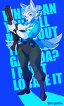absurd_res anthro breasts canid canine canis clothed clothing digital_media_(artwork) domestic_dog english_text female gun hair hi_res holding_object holding_weapon looking_at_viewer mammal ranged_weapon shotgun simple_background solo standing text topwear vera_(virushunter) virushunter weapon