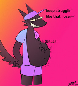 ambiguous_gender anthro belly belly_expansion big_belly clothed clothing dialogue expansion grin half-closed_eyes headgear headwear mean motion_lines narrowed_eyes navel sharp_teeth smile smug solo standing struggling struggling_prey tail teasing teeth vore chadzadd zaddcomix marsh_(zeropaint)
