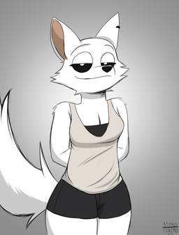 anthro black_sclera bottomwear bra breasts clothing ear_piercing female fur grey_background light looking_at_viewer piercing pupils shirt shorts simple_background smile smiling_at_viewer solo tail tank_top topwear underwear white_body white_fur white_pupils a9ymus other_side chloe_(animatedmau) arctic_fox canid canine fox mammal true_fox 2024 absurd_res digital_media_(artwork) hi_res lighting shaded