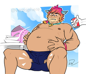ambiguous_gender belly big_belly bloated bottomwear bowl clothing container duo hair male multicolored_hair obese obese_male offscreen_character orange_hair overweight overweight_male pink_hair shorts solo_focus stuffing torn_clothing two_tone_hair wardrobe_malfunction weight_gain verzisphere league_of_legends riot_games tencent sett_(lol) animal_humanoid canid canid_humanoid canine canine_humanoid fox_humanoid humanoid mammal mammal_humanoid hi_res
