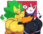 3_fingers 4_fingers anthro bedroom_eyes big_breasts big_butt black_body black_fur blush breast_size_difference breast_squish breasts breasts_frottage butt claws duo eyebrows eyelashes eyes_closed female fingers fur green_hair hair half-closed_eyes hand_on_butt hug huge_breasts huge_butt kerchief looking_at_viewer looking_back markings multicolored_body narrowed_eyes nude orange_stripes plant presenting presenting_hindquarters purple_kerchief rear_view seductive simple_background smile speech_bubble squish standing striped_markings striped_tail stripes tail tail_markings thick_thighs white_body wide_hips yellow_body yellow_fur cyberlord1109 kashen_(sappysappster) petilia_(cyberlord1109) domestic_cat elemental_creature felid feline felis flora_fauna mammal 2022 absurd_res digital_media_(artwork) hi_res shaded