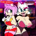 amy_rose anthro bat big_breasts blue_eyes breasts clothed clothing clothing_pull duo english_text eulipotyphlan female flashing gloves goat-kun green_eyes handwear hedgehog hi_res leotard leotard_pull looking_at_viewer mammal nipples offscreen_character open_mouth rouge_the_bat sega shy side_boob sonic_the_hedgehog_(series) speech_bubble strapless_clothing strapless_leotard text