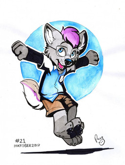 anthro barefoot black_nose black_pawpads blue_clothing blue_eyes blue_topwear clothed clothing eyewear feet fur glasses glistening glistening_eyes grey_body grey_fur grey_tail hair happy jumping logo male open_mouth open_smile pawpads purple_hair short_hair smile solo tail topwear white_clothing white_tail white_topwear young young_anthro young_male pandapaco canid canine mammal 2017 artist_logo dated hi_res signature
