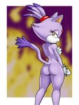 anthro butt clothing dipstick_tail female fire forehead_gem fur gem gloves gloves_only handwear handwear_only looking_at_viewer looking_back looking_back_at_viewer markings mostly_nude open_mouth purple_body purple_fur rear_view solo tail tail_markings yellow_eyes sleepiitreat sega sonic_the_hedgehog_(series) blaze_the_cat domestic_cat felid feline felis mammal 3:4 hi_res