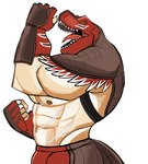 abs anthro big_muscles bottomwear clothing fingerless_gloves fist for_a_head gloves handwear male muscular muscular_anthro muscular_male navel nipples open_mouth pants pecs scar sharp_teeth side_view simple_background solo standing teeth tongue white_background darknaigart king_of_fighters snk king_of_dinosaurs animal_head animal_humanoid dinosaur humanoid prehistoric_species reptile scalie 2021 absurd_res hi_res