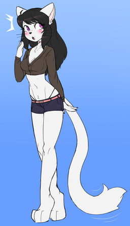 anthro barefoot black_hair blue_background blush bottomwear breasts choker clothing feet female hair jewelry looking_aside necklace open_mouth purple_eyes shorts simple_background solo standing surprised tail underwear whiskers waffl3sk4t domestic_cat felid feline felis mammal 2025 absurd_res digital_media_(artwork) hi_res