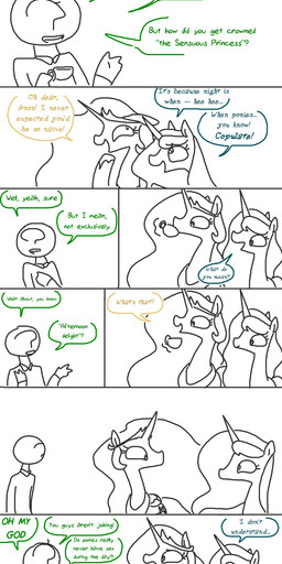 dialogue female horn innuendo male suggestive text wings the_weaver friendship_is_magic hasbro my_little_pony mythology anon princess_celestia_(mlp) princess_luna_(mlp) equid equine human mammal mythological_creature mythological_equine winged_unicorn 2014 comic english_text hi_res monochrome