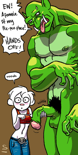 balls bottomwear clothing denim denim_bottomwear denim_clothing dialogue disgust duo female genitals glans green_balls green_body green_nipples green_penis green_skin halter_top holding_penis humanoid_genitalia humanoid_penis jeans male male/female muscular muscular_male nipples nude pants penis pink_glans pink_tongue pubes sound_effects speech_bubble text tongue tusks vein veiny_penis sublimate wednesday_&_co. trassk wednesday_(sublimate) humanoid orc unknown_species 2009 english_text