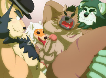 accessory anal anal_penetration anthro black_nose blue_hair brown_nose circumcised clothing double_anal double_penetration genitals green_eyes green_hair green_nose group hair hat headband headgear headwear jewelry licking male male/male multicolored_hair necklace nipples oral penetration penile penis penis_lick pubes red_eyes sailor_cap scar sex spread_legs spreading tongue two_tone_hair wo bandai_namco lifewonders taiko_no_tatsujin tokyo_afterschool_summoners anonymous_character inu_wada yasuyori_(tas) canid canine canis domestic_dog felid lion mammal pantherine shiba_inu spitz