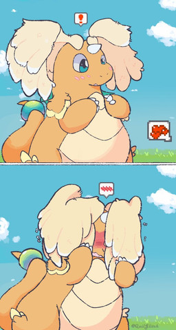 ambiguous_gender anthro blush blush_lines claws cloud covering covering_face embarrassed exclamation_point feathered_wings feathers grass heart_symbol horn open_mouth orange_body plant shy sky solo tail tan_body tan_feathers teal_eyes twitter_handle unusual_wing_placement wings quilglitch mythology nintendo pokemon dragon generation_9_pokemon mega_dragonite mega_evolution mythological_creature mythological_scalie pokemon_(species) scalie 2025 comic hi_res signature