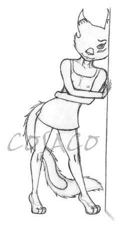 anthro biped black_sclera bottomwear breasts clothing female fur simple_background skirt solo tail white_background cosaco bandai_namco digimon canid canine cyclops digimon_(species) mammal renamon black_and_white monochrome