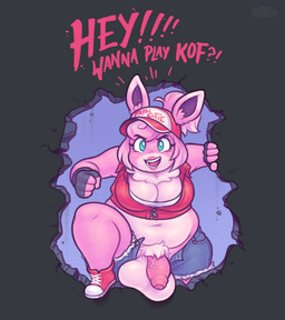 anthro balls bottomwear breasts clothing cosplay dialogue fingerless_gloves footwear genitals gloves green_eyes gynomorph hair handwear hat headgear headwear hole_in_wall intersex looking_at_viewer navel open_mouth overweight penis pink_body pink_hair shoes shorts smile solo text keffotin fatal_fury nintendo pokemon corol terry_bogard generation_1_pokemon pokemon_(species) wigglytuff 2022 digital_media_(artwork) english_text hi_res trans_(lore) trans_woman_(lore)