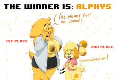 anthro big_breasts bodily_fluids breasts clapping crying curvy_figure eyewear female freckles genitals glasses happy montgomery_glands nerd nipples pose tears text vulva gomezcat animal_crossing nintendo undertale undertale_(series) alphys isabelle_(animal_crossing) canid canine canis domestic_dog mammal reptile scalie absurd_res english_text hi_res pinup